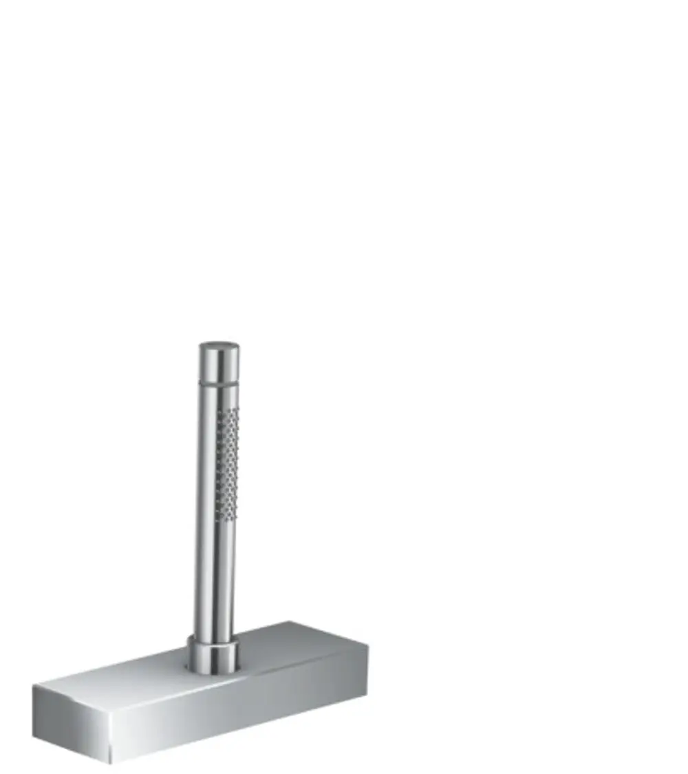 Chromfarbenes Wannenrand-Set von AXOR mit einer senkrechten, perforierten Halterung und rechteckiger Basis. Ideal für die Montage an Badewannen.